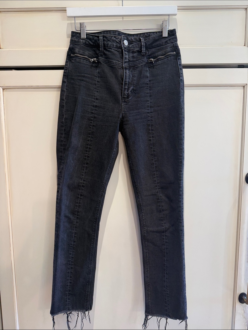 PAIGE Washed Black Ankle Crop Jeans with Raw Hem